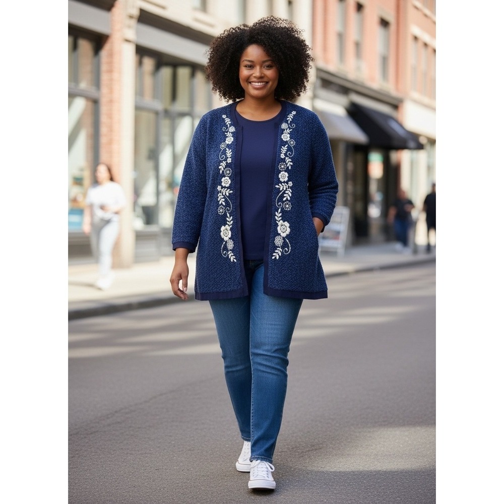 Cathy Daniels Blue Floral Embroidered Boucle Cardigan Sweater Plus Size 3X Chic